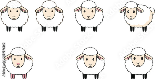 Cute sheep cartoon characters collection with different poses and background colors isolated on white background flat vector illustration