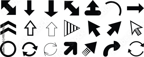 Arrow icon set featuring navigation directions cursor pointers rotation reload symbols for modern user interface web app vector design collection