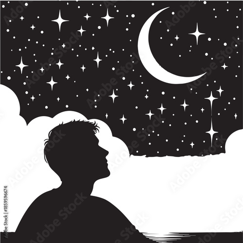 Black Star Gazing Silhouette Vector, High Quality Illustration on White Background