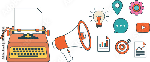 Content marketing and advertising illustration with typewriter megaphone analytics ideas targeting strategy communication icons for modern digital business promotion