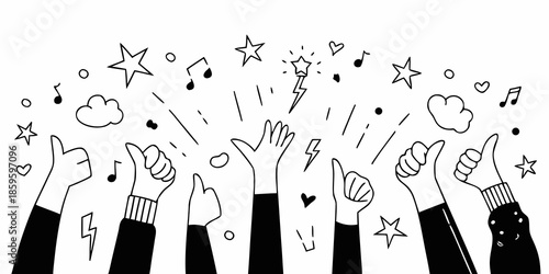 Hands reaching up with stars hearts music notes and positive symbols
