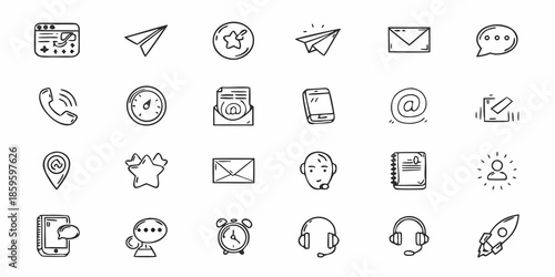 Collection of hand drawn communication and technology related icons in black and white