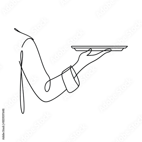 A single line drawing of a hand elegantly presenting an empty plate