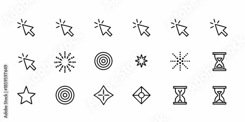 Collection of minimalistic line icons featuring stars targets and hourglasses