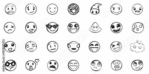 Collection of hand drawn black and white emoji faces expressing various emotions