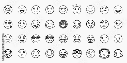 Collection of hand drawn black and white smiley faces expressing various emotions