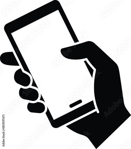 Hand holding smartphone icon silhouette representing mobile communication technology app usage digital interface touch screen vector illustration design