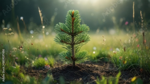Young sapling in a meadow at dawn