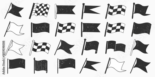 A collection of various black and white racing and decorative flags