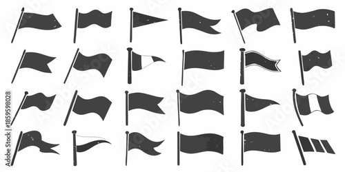 Collection of diverse black silhouette flags waving in different directions