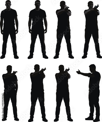 Tactical human silhouettes, shooting poses, combat stance, firearm training, black vector set, security, defense, action, military, illustration, icon
