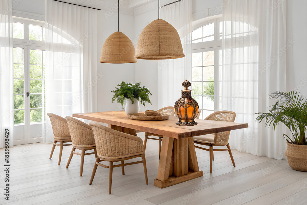 Fototapeta premium Elegant dining room with a rustic wooden table, comfortable woven chairs, and natural light streaming through arched windows, creating a serene atmosphere
