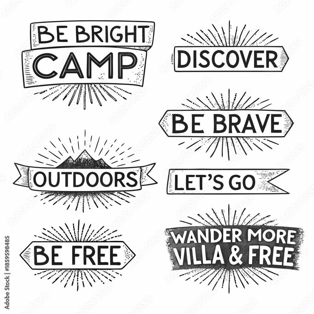 Fototapeta premium Inspirational camping and outdoors phrases with sunburst illustrations in a sketch style