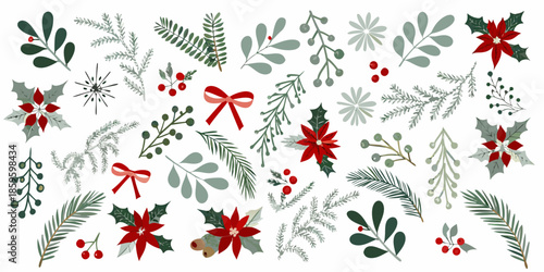 Festive arrangement of christmas foliage berries and decorative ribbon elements
