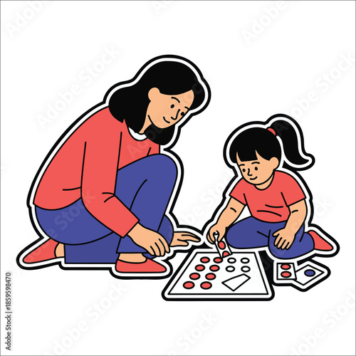 Mother and daughter playing a counting game with tokens on white background Keywords: mother