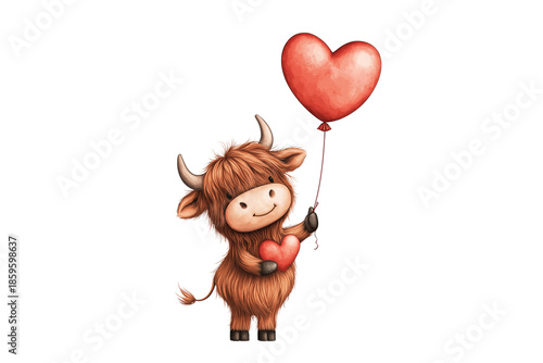 Woodland Highland Cow Holding Heart Shaped Balloon Valentine Illustration Isolated on Transparent Background