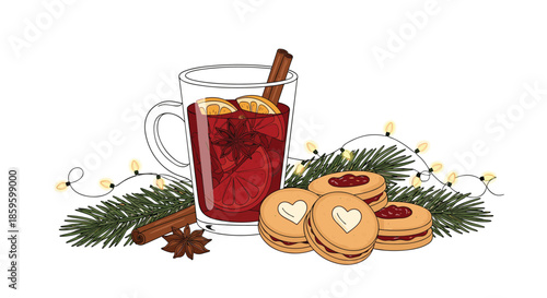 Festive glass of hot mulled wine with cinnamon sticks and star anise surrounded by heart-shaped cookies and green pine branches.