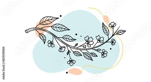 Elegant black and white line art of a flowering branch with delicate leaves set against soft pastel abstract shapes on white background.