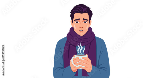 Sick young man wearing a purple scarf and holding a steaming cup of tea looking worried while suffering from a cold or flu symptoms.