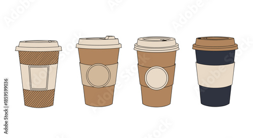 Selection of four disposable paper coffee cups with lids and cardboard sleeves in various brown and dark blue color schemes.