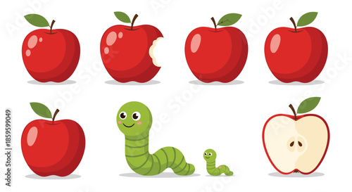 Set of whole red apples with one bitten fruit and a cross section alongside two cute green cartoon worms on white background.