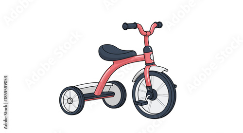 Pink children tricycle for toddlers with a black seat and handlebars shown in a three quarter view on a plain white background.
