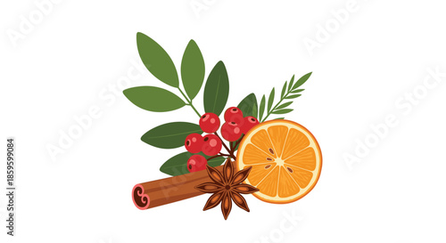 Composition of winter seasonal spices including cinnamon sticks star anise and red berries with an orange slice and green leaves.