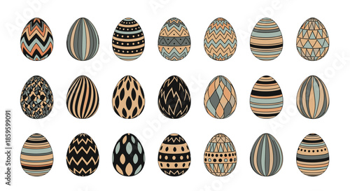 Comprehensive collection of twenty-one easter eggs decorated with various intricate geometric and tribal patterns in earthy tones.