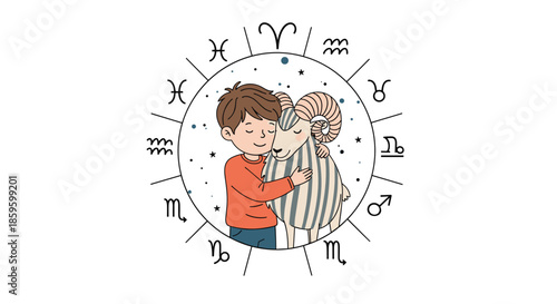 Cute boy hugging a ram inside a circular zodiac wheel containing various astrological symbols and tiny stars for a child friendly horoscope.