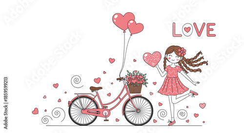 Charming girl with a pink bicycle and heart shaped balloons celebrating love in a whimsical hand drawn style with a decorative border.