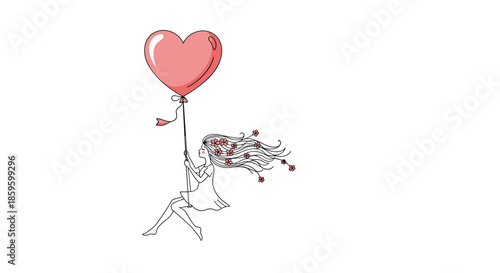 Whimsical girl with long hair floating gracefully while holding onto a single large pink heart shaped balloon in a clean and simple design.