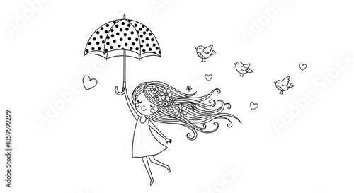 Hand drawn sketch of a girl flying through the air with a polka dot umbrella surrounded by small hearts and birds in a dreamy artist style.