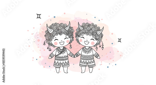 Two young boys with curly hair and horns holding hands to represent the Gemini zodiac sign against a soft pink and blue watercolor effect.