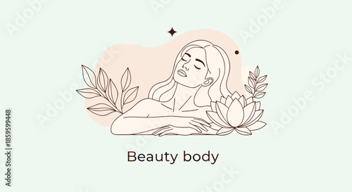 Minimalist line drawing of a woman in a relaxing pose among leaves and a lotus flower with the words Beauty body written underneath the art.