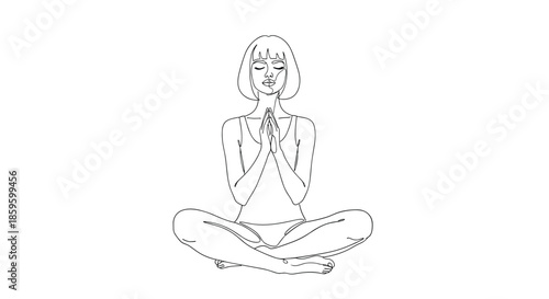 Minimalist line art of a woman sitting in a lotus position with hands together in prayer for a peaceful yoga and meditation concept art.