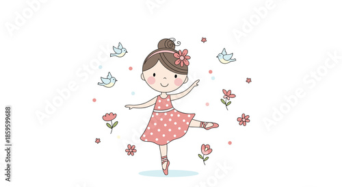 Little ballerina girl in a pink polka dot dress dancing gracefully among colorful flowers and flying birds in a garden.