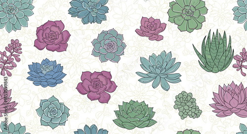 Vibrant seamless pattern of various succulent plants in shades of green, blue, and purple on a light floral background.