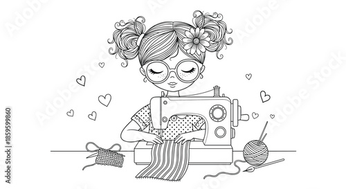 Diligent young girl with pigtails and glasses using a sewing machine to craft a piece of fabric in line art style.