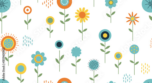 Cheerful seamless pattern of stylized colorful flowers with various shapes and patterns on a clean white background.
