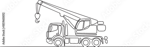 One continuous line drawing of crane truck for building construction, business commercial vehicles. Heavy construction trucks equipment concept. one line Icon drawing