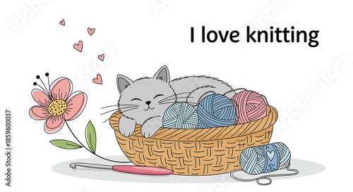 Cozy illustration of a grey cat sleeping in a wicker basket full of colorful yarn balls with knitting accessories.