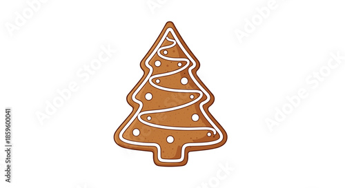 Festive gingerbread cookie shaped like a Christmas tree with white icing decorations on a simple white background.
