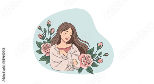 Beautiful woman with long brown hair resting her eyes while surrounded by delicate pink roses on a light blue backdrop.