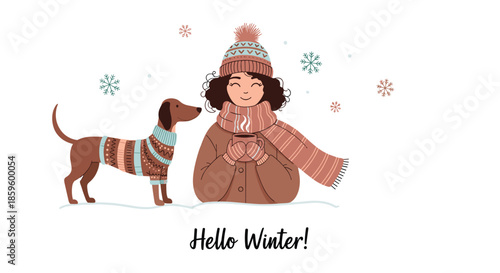 Warm winter illustration of a girl enjoying a hot drink with her dachshund dog both wearing cozy knitted sweaters.