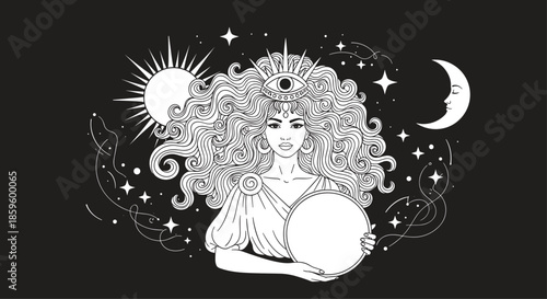 Mystical goddess with long flowing hair holding a crystal mirror surrounded by celestial sun moon and stars symbols.