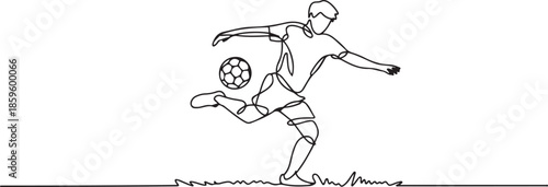 Single continuous line drawing of young sportive man train soccer freestyle, jump juggling with heel on the field. Football freestyler concept. one line Icon drawing