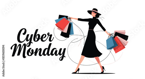 Stylish woman in black dress and hat carrying many colorful shopping bags for a Cyber Monday sale event on white background.
