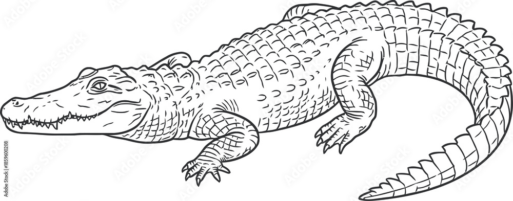 Obraz premium American Alligator Black and White Line Art - Animal Character Illustration Isolated on Transparent Background