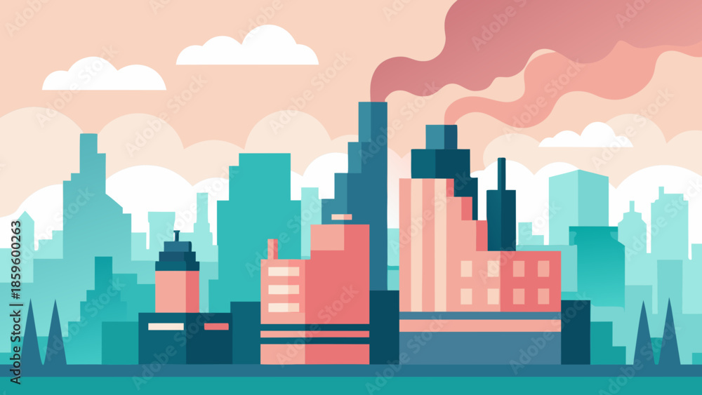 Naklejka premium Industrial cityscape with factory buildings and smoke air pollution in flat vector style