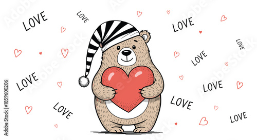 Cute cartoon teddy bear wearing a striped nightcap and holding a large red heart surrounded by love text and small hearts.